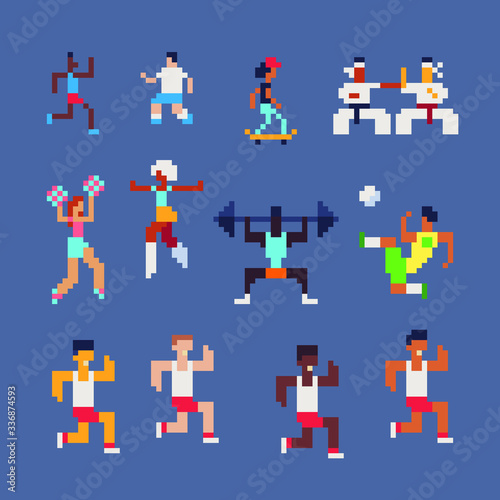 8bit sport, different sports, sportsmen runners skater cheerleaders karate, pixel art people characters, for game developers. Isolated vector illustration. © thepolovinkin