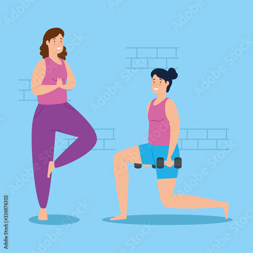 women exercising in the house scene vector illustration design