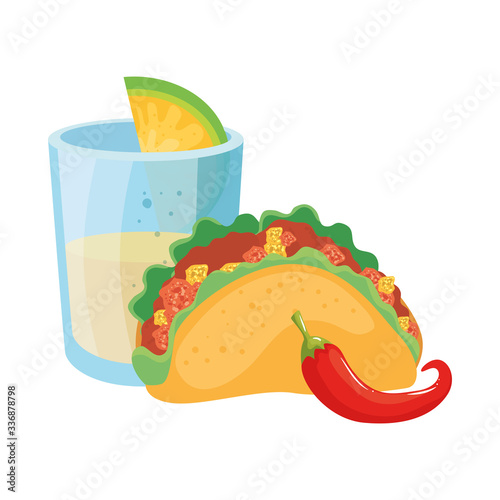 Mexican taco chilli and tequila shot design, Mexico culture tourism landmark latin and party theme Vector illustration