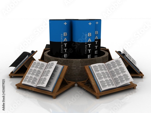 3d rendering Electrical energy and power supply source concept, accumulator battery with books