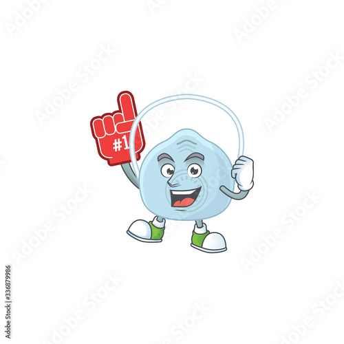 Cartoon character concept of breathing mask holding red foam finger