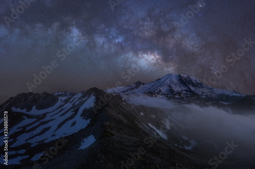 Night sky of Mount Rainier and the Milky Way Galaxy on a beautiful summer evening near Burroughs Mountain Trail
Washington state, USA
Amazing nature background concept
 photo