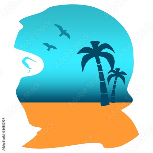 Face profile view. Elegant silhouette of a muslim woman with hijab. Double exposure portrait of young woman and seashore with palms and birds