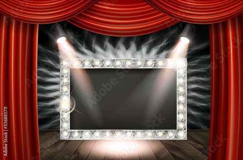 A wooden stage with a red curtain