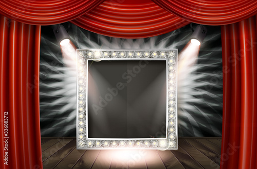 A wooden stage with a red curtain