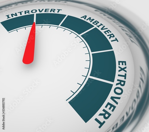 Extrovert, ambivert and introvert concept. Human psychology. Level scale with arrow. The measuring device icon. Sign tachometer, speedometer, indicators. Infographic gauge element. 3D rendering. photo