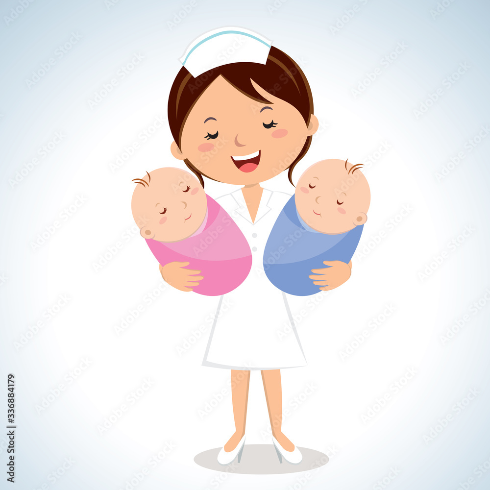 Maternity nurse carrying babies. Vector illustration of a cheerful nurse holding twins babies.
Maternity nurse carrying babies. Vector illustration of a cheerful nurse holding twins babies.