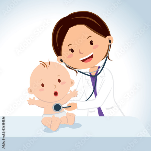 Smiling doctor examining baby boy. Pediatric doctor examine baby boy with the stethoscope.