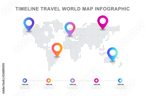 Timeline travel world map infographic,colorful location pin on  grey dotted world map illustration vector