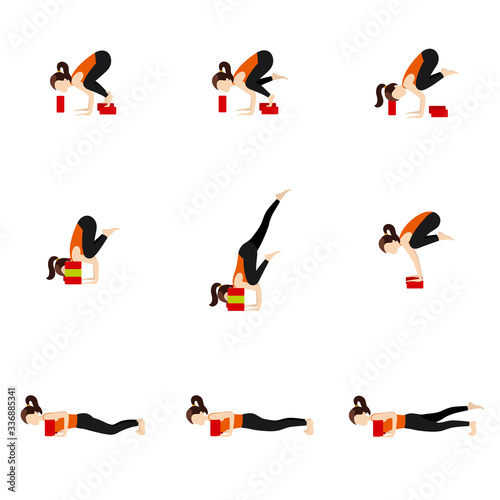 Supported arm balances yoga asanas set/ Stylized woman practicing bakasana and chaturanga with blocks