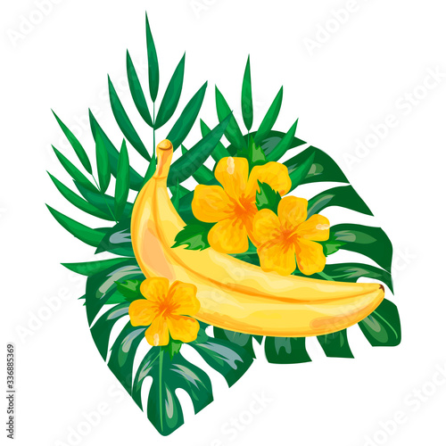 Bouquet of exotic flowers and leaves. Tropical elements for design. Isolated vector illustration on a white background.