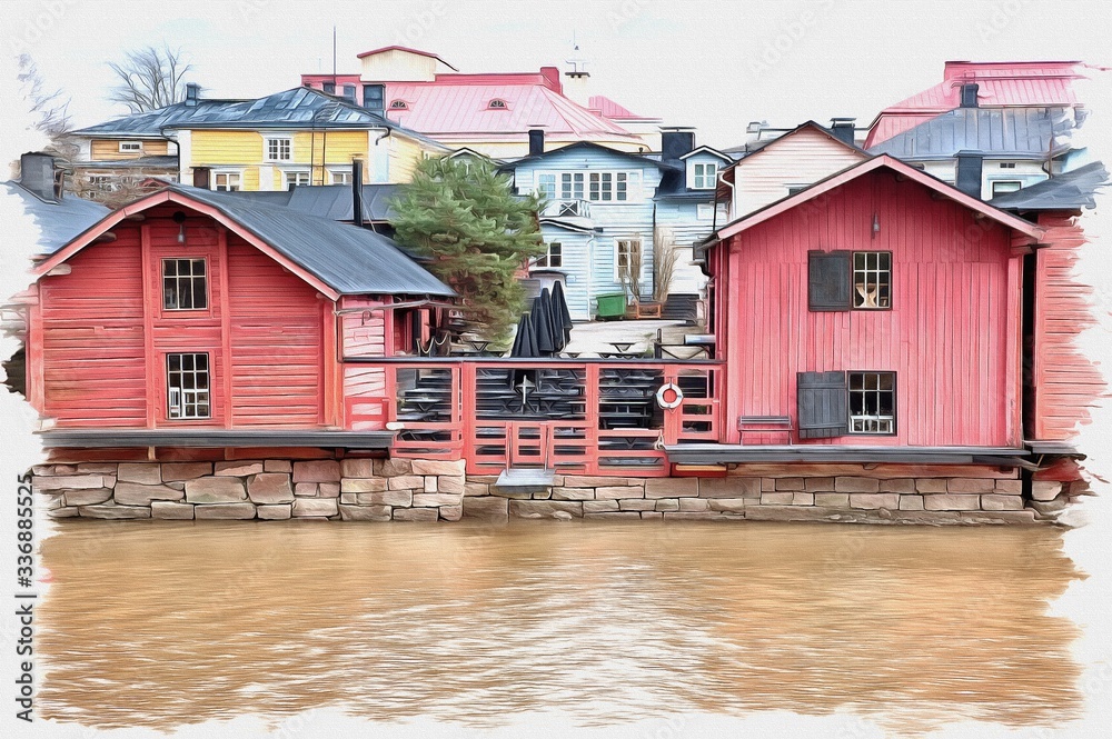 City of Porvoo. Former customs terminals. Imitation of a picture. Oil paint. Illustration City of Porvoo. Former customs terminals. Imitation of a picture. Oil paint. Illustration