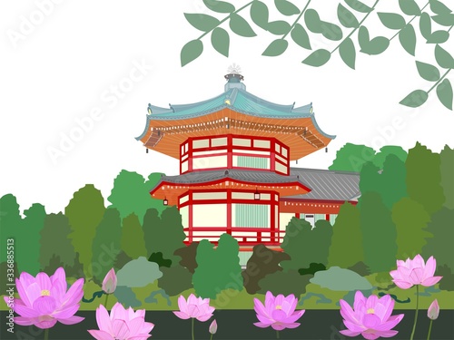 Lotus and Japanese temple in summer.