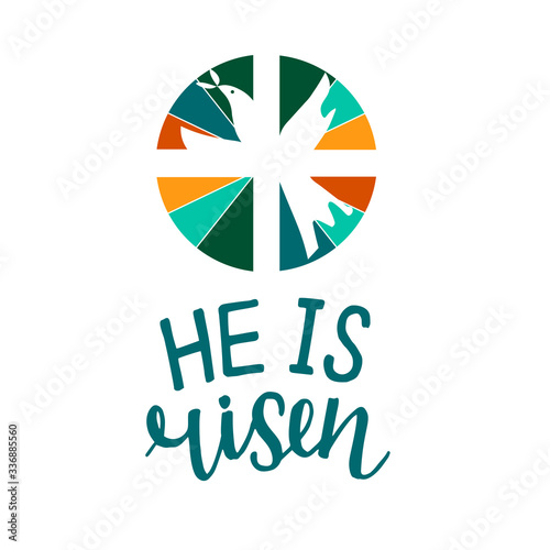 Hand lettering Bible Verse He is risen with dove.