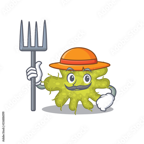 Cartoon character design of bacterium as a Farmer with hat and pitchfork