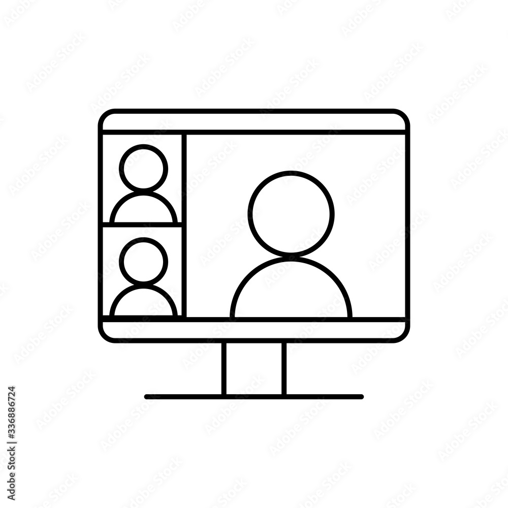 Computer screen icon with a live broadcast on a streaming channel with a symbol of a person having a video call or online conference meeting. Computer screen icon with a live broadcast on a streaming channel with a symbol of a person having a video call or online conference meeting.