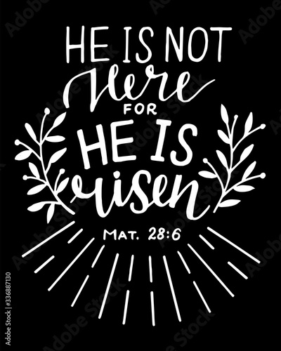 Hand lettering Bible Verse He is risen. Easter