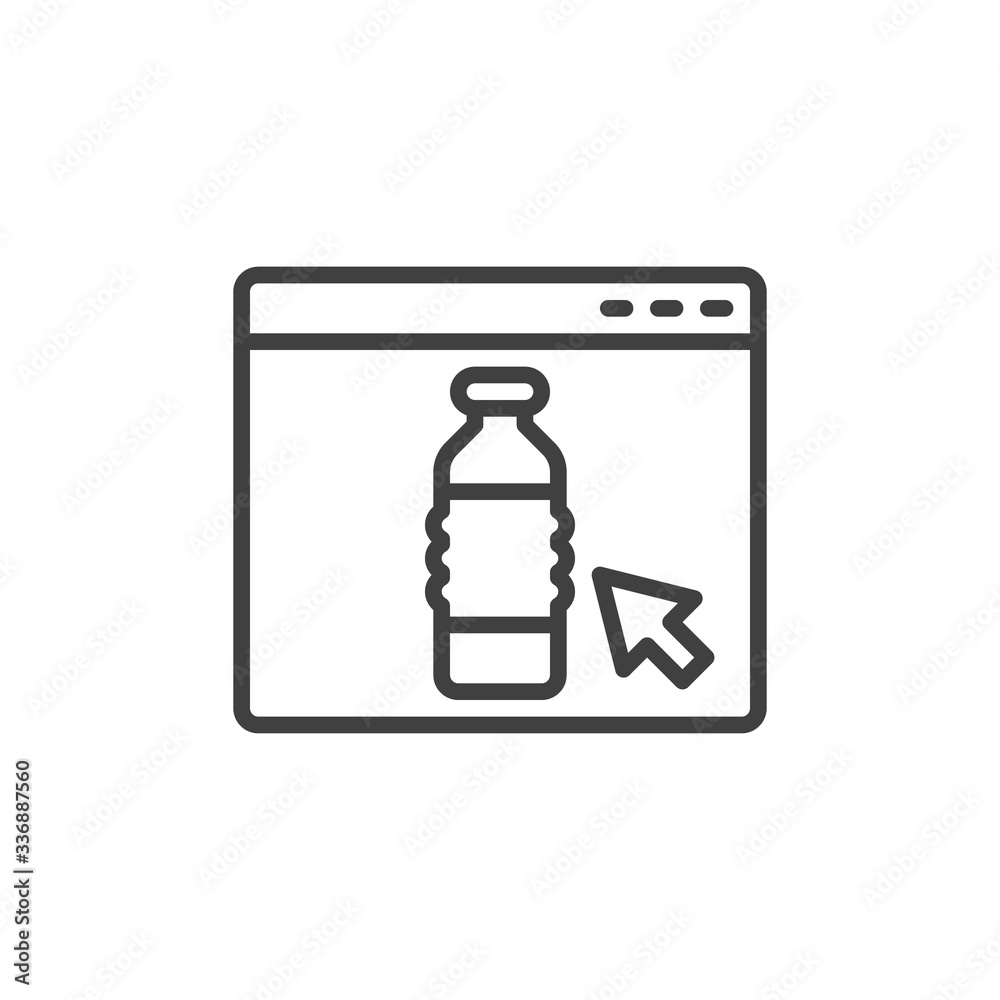 Online soda ordering line icon. Drinks delivery service linear style sign for mobile concept and web design. Website page with water bottle outline vector icon. Symbol, logo illustration. Online soda ordering line icon. Drinks delivery service linear style sign for mobile concept and web design. Website page with water bottle outline vector icon. Symbol, logo illustration.