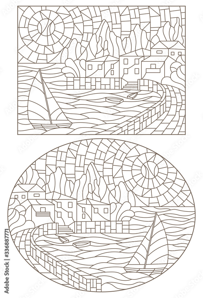 Set of contour illustrations of stained glass Windows with seascapes, dark outlines on a white background