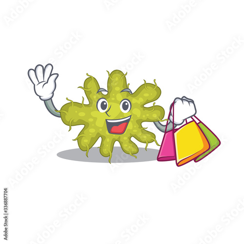 Rich and famous bacterium cartoon character holding shopping bags