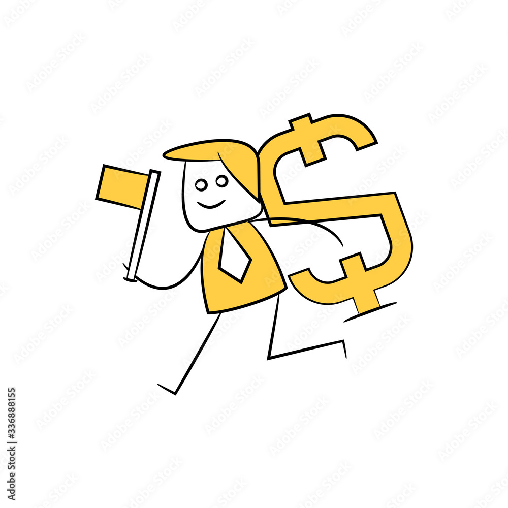 businessman holds flag and carry dollar sign yellow stick figure design businessman holds flag and carry dollar sign yellow stick figure design
