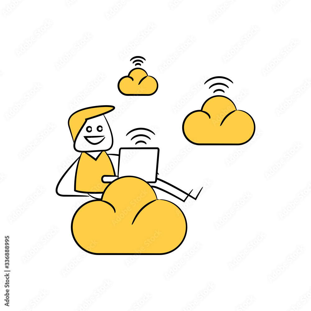 doodle man working with laptop and sitting on cloud network for work from home concept yellow doodle theme doodle man working with laptop and sitting on cloud network for work from home concept yellow doodle theme