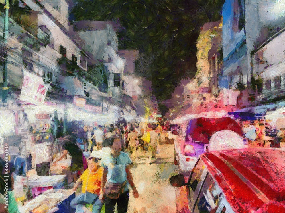 Weekend market in Bangkok Illustrations creates an impressionist style of painting.
