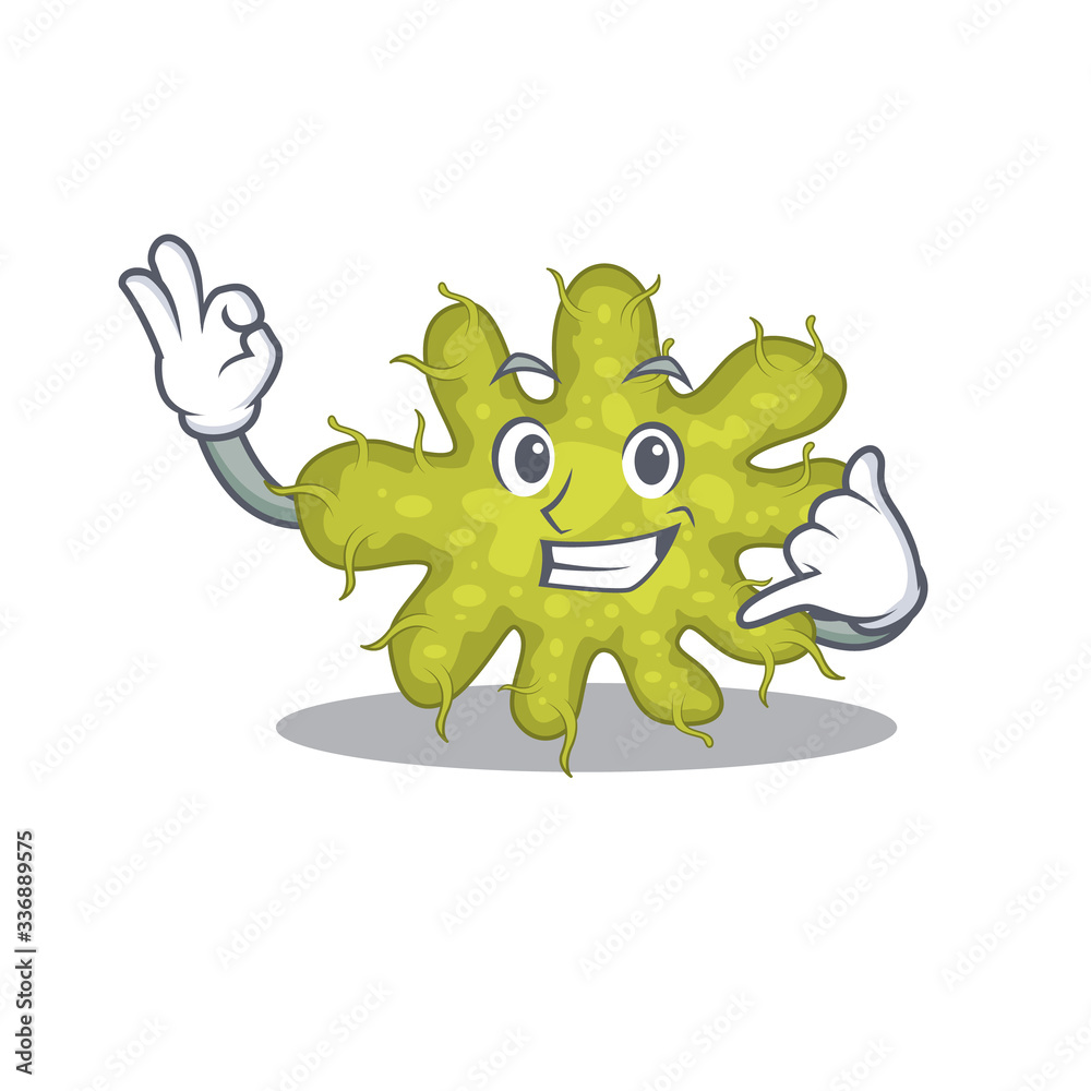 Cartoon design of bacterium with call me funny gesture Cartoon design of bacterium with call me funny gesture