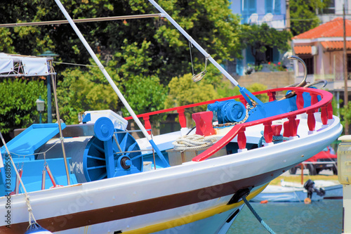 A traditional wooden boat 40 meters long, bow of a wooden ship, the front