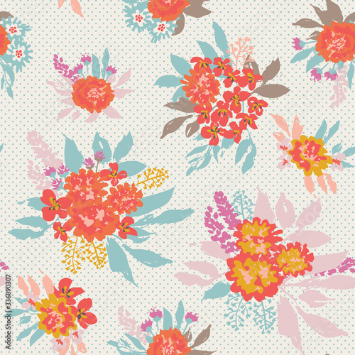 Vector floral bouquets seamless background, wild flowers repeatable pattern