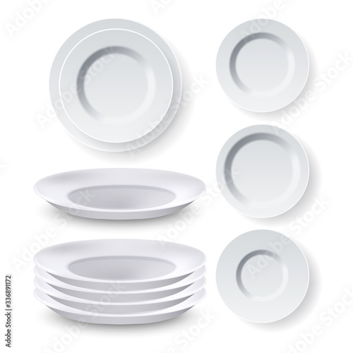 Plates Dinner Equipment Collection Set Vector. Blank Different Style Dining Empty Ceramic Plates For Meal And Food. Modern Clean Round Tableware, Bowl For Eating Template Realistic 3d Illustrations