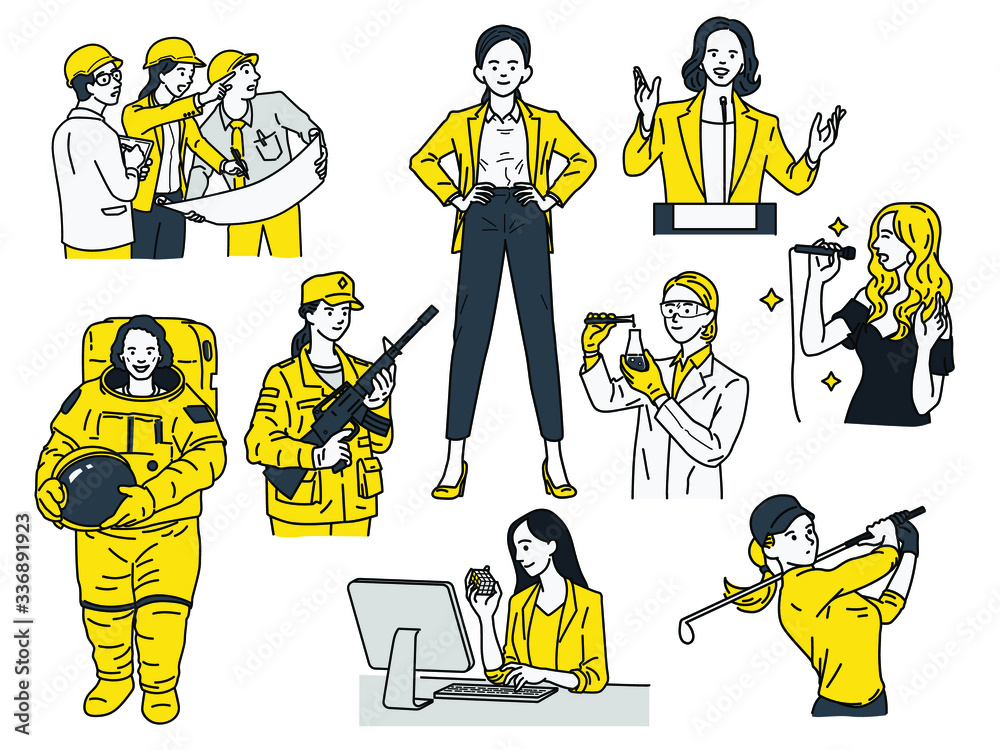 Smart and powerful women concept, various multi-ethnic characters of woman in occupations, jobs, businesswoman, engineer, astronaut, scientist, golfer, singer, politician, soldier. Smart and powerful women concept, various multi-ethnic characters of woman in occupations, jobs, businesswoman, engineer, astronaut, scientist, golfer, singer, politician, soldier.