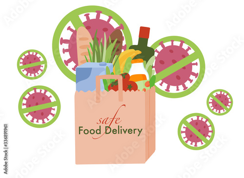 Safe food delivery during coronavirus quarantine. Bag with food in flat design.
