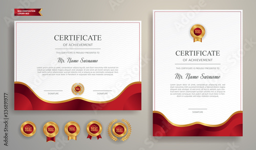 Certificate of appreciation template, gold and red color. Clean modern certificate with gold badge. Certificate border template with luxury and modern line pattern. Diploma vector template