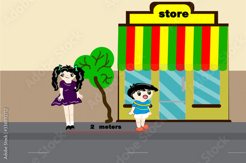 Vector cartoon images are queuing to shop at the store, standing 2 meter