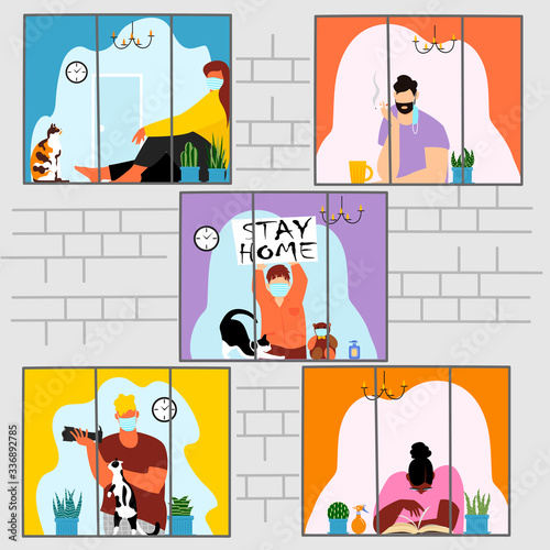 quarantine. self-isolation of the house. people in their apartments during the virus epidemic. vector. set