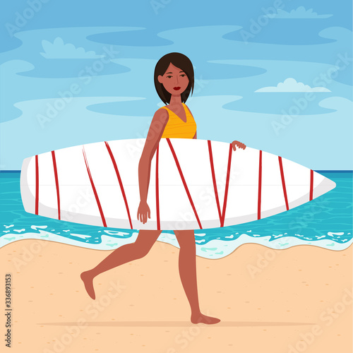 Girl in yellow swimsuit carries a surfboard. Beach background, summer vacation concept. Vector illustration in flat style