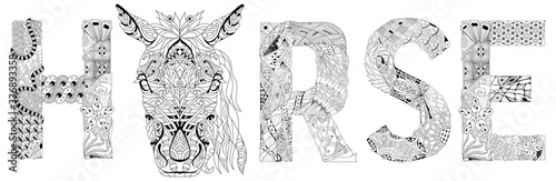 Word horse with head animal. Vector zentangle object for coloring