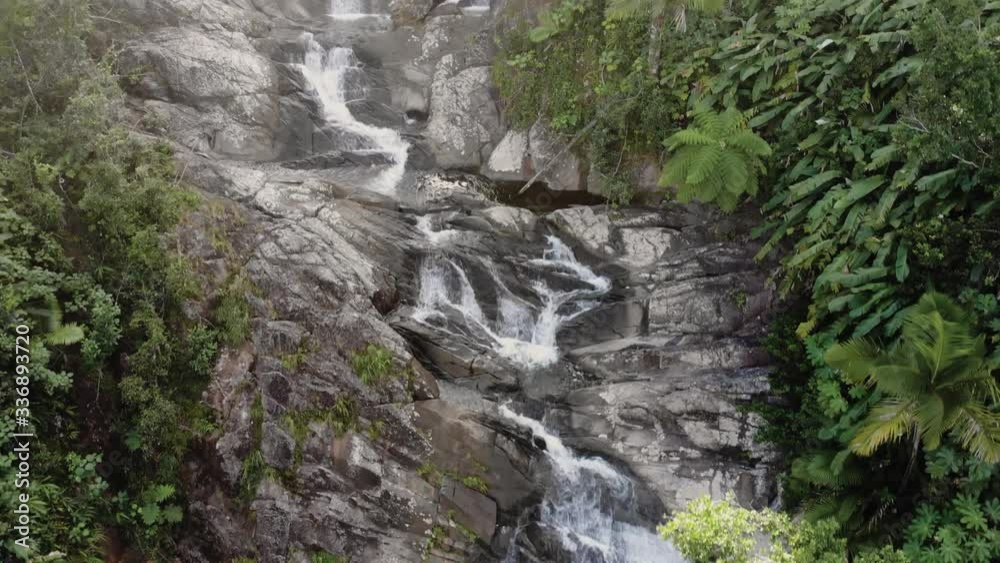 Flying up rocky waterfall with dense forest with cracks and fast flowing water Flying up rocky waterfall with dense forest with cracks and fast flowing water