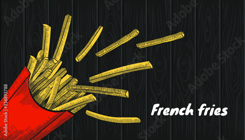 French fries in engraving style on dark wooden background. Fast food creative banner. Vector illustration in vintage style