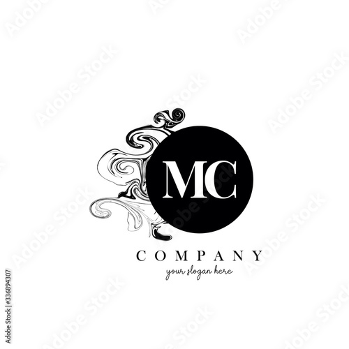 MC Initial Letter Logo Design with Ink Cloud Flowing Texture Vector.