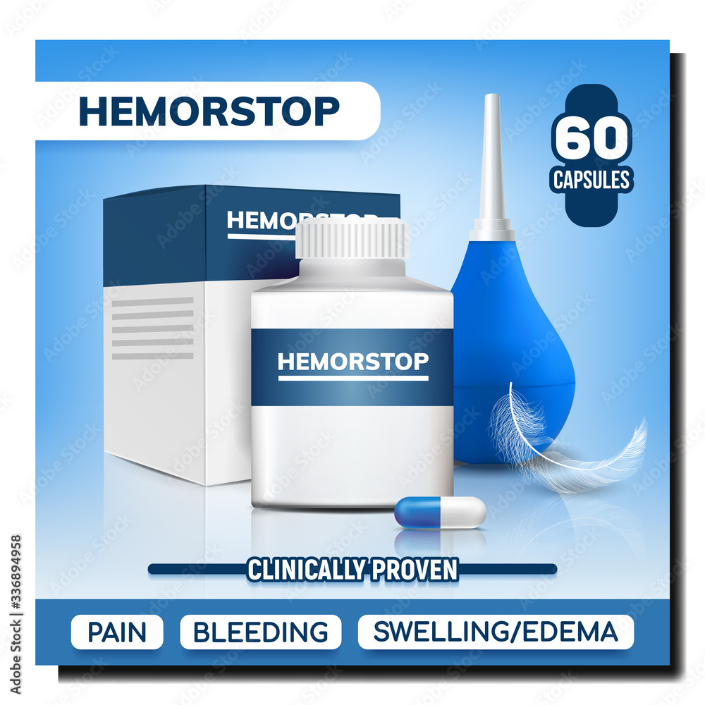 Hemorrhoids Pills And Tool Advertising Poster Vector. Hemorstop Medicament Capsules Plastic