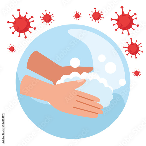 hands washing with covid19 particles