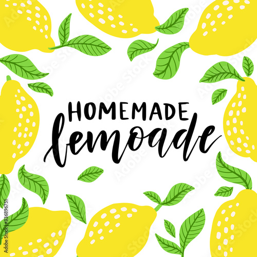 Lemons frame and lemonade lettering. Homemade lemonade logo and sign with floral lemon and leaves frame in cartoon style