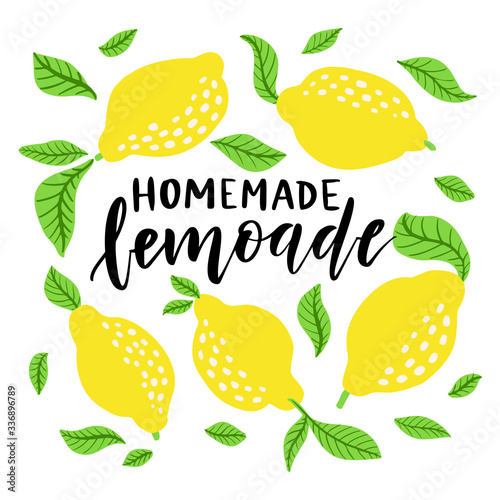 Lemons frame and lemonade lettering. Homemade lemonade logo and sign for poster, card, quote, print, packaging, badge.