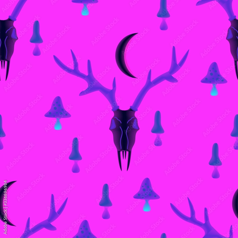 Seamless vector pattern with magical, witchy elements of dark, satanic cults-deer horns, poisonous mushrooms and crescent moon sickle. Violet background. Seamless vector pattern with magical, witchy elements of dark, satanic cults-deer horns, poisonous mushrooms and crescent moon sickle. Violet background.