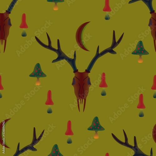 Seamless vector pattern with magical, witchy elements of dark, satanic cults-deer horns, poisonous mushrooms and crescent moon sickle. Violet background.