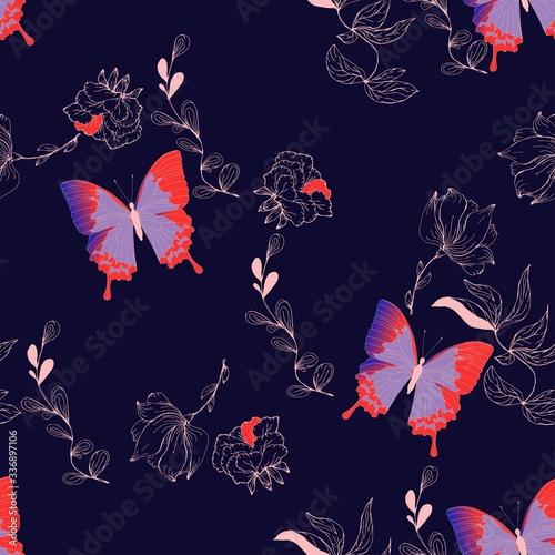 Seamless vector floral pattern of butterflies and inflorescences of flowers in elegant curls on a turquoise, light blue background.