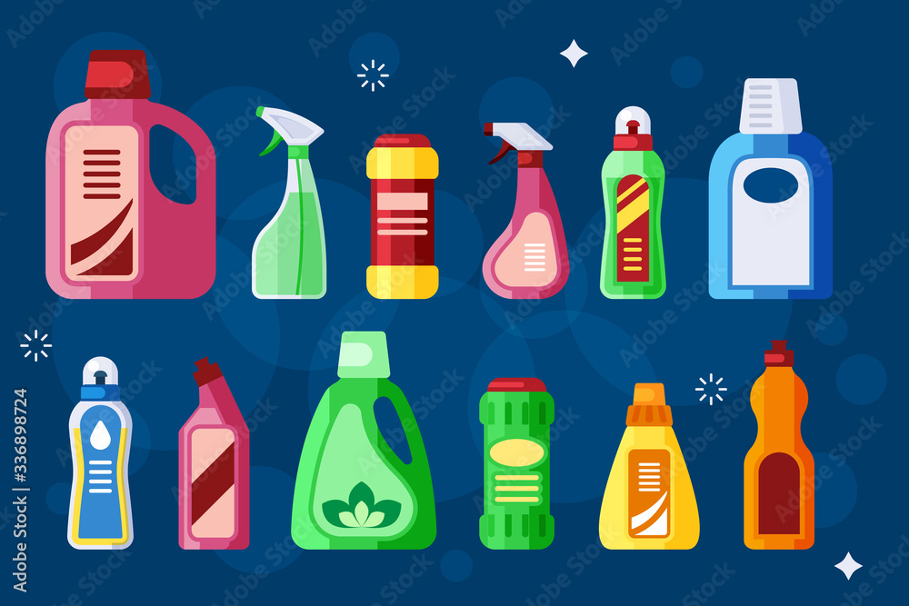cleaning bottles. sanitary chemical liquid detergent in plastic packages.  home cleaning equipment. Vector flat pictures set vector de Stock | Adobe  Stock