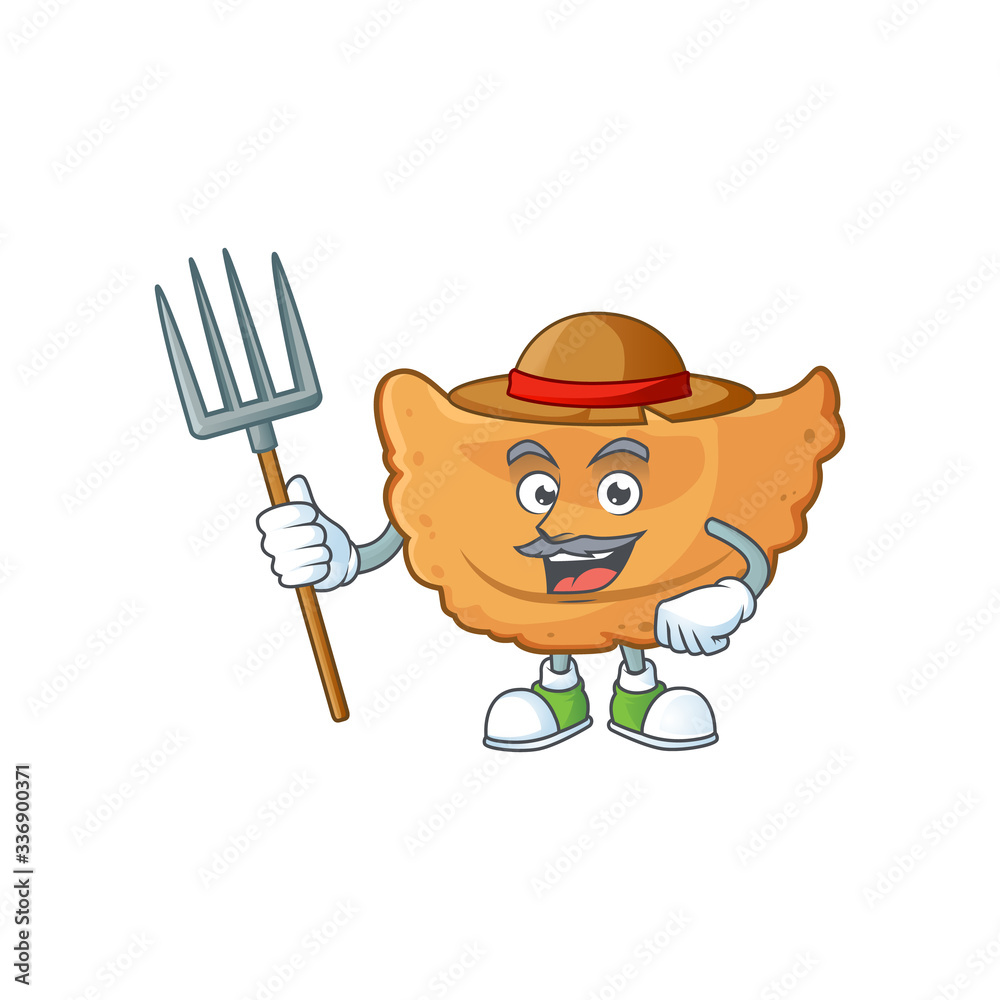 Mascot design style of Farmer cornes de gazelle with hat and pitchfork Mascot design style of Farmer cornes de gazelle with hat and pitchfork